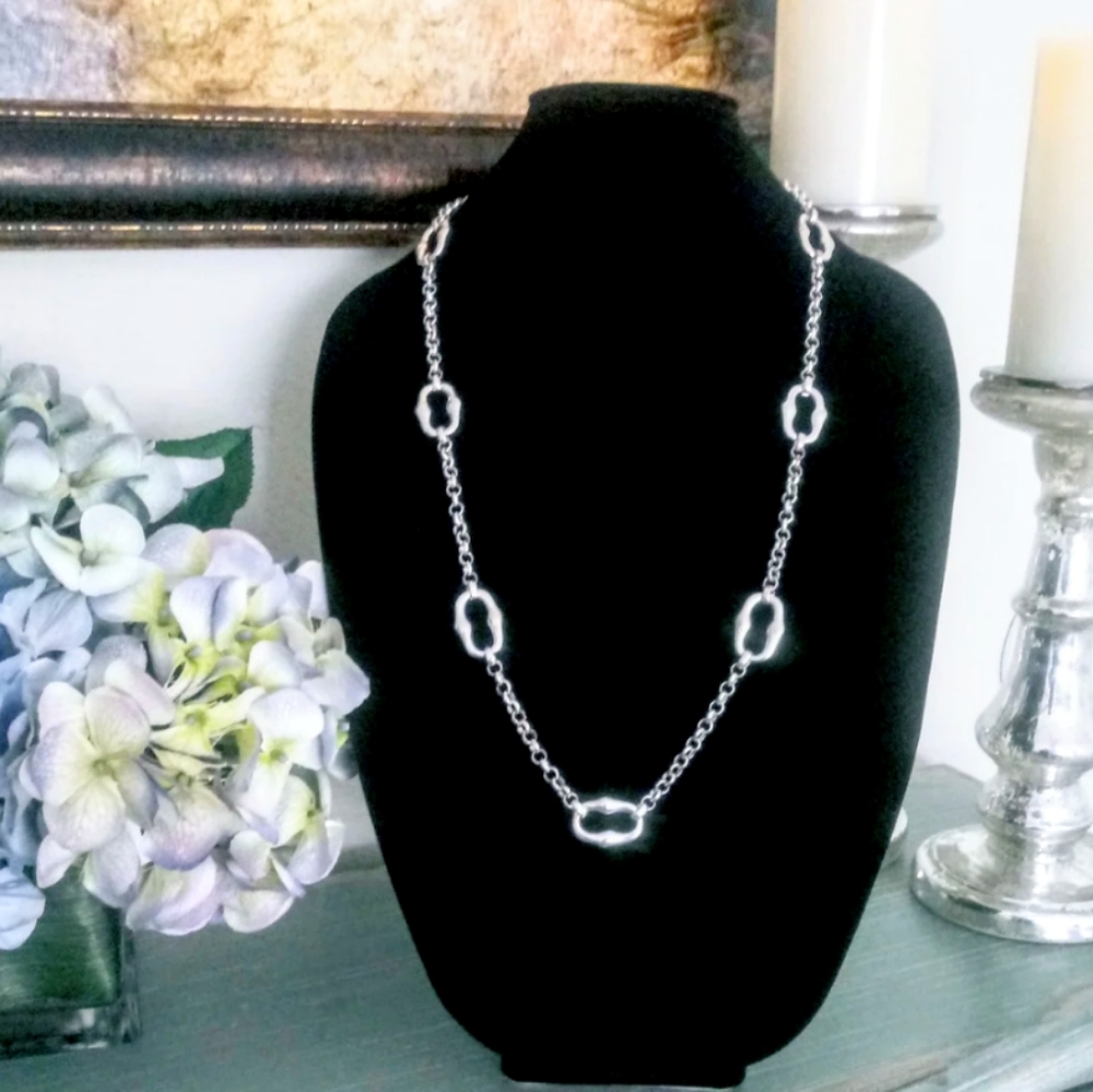Nickel Free Long Silver Station Necklace